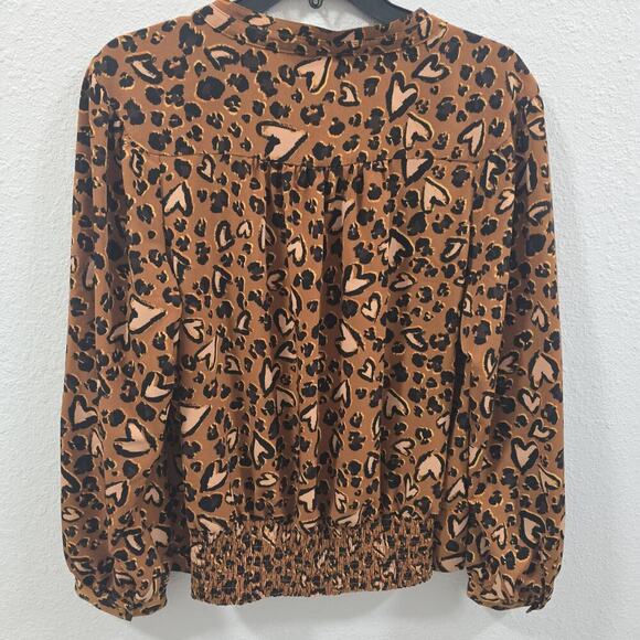 Karl Lagerfeld Leopard Heart Print Blouse Brown Size L Long Sleeve Smocked - Picture 7 of 13